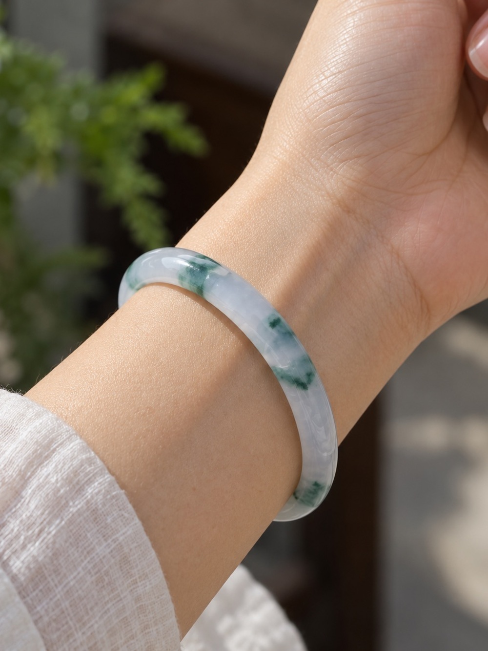 58mm Grade A Burmese Jadeite Bangle | Icy White Green Jade Bracelet